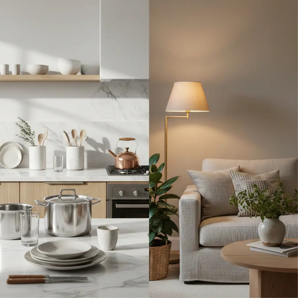 Collage of a kitchen and living room with modern decor elements.
